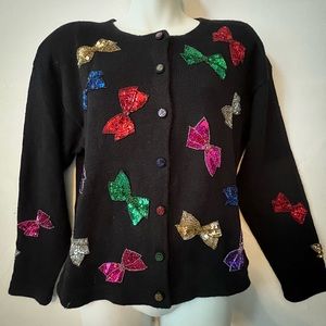 Christmas sweater black cardigan sequined bows size Medium